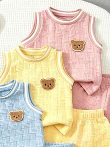 6 Stücke/Set Baby Jungen Sommer Textil Stoff Süßer Bären Muster Rundhals Weste und Shorts lässig Mode Outfit - Blau-Weiß - Übersicht 3