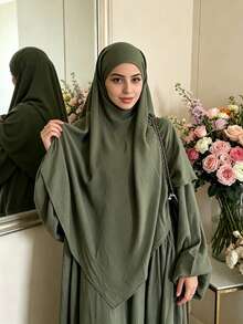 紋理鬆弛款 Khimar Abaya 兩件套，彈性泡泡袖百褶端莊 長洋裝，穆斯林女性休閒伊斯蘭禮拜套裝 - 彩色 - 查看 1