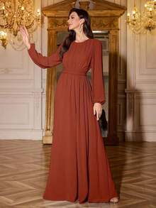 Vestido de dama de honor de manga linterna de unicolor elegante y extra largo - Óxido marrón - Ver 4