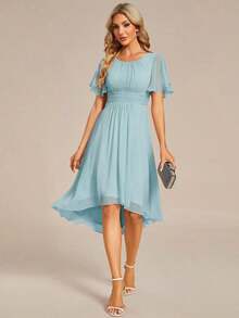 Vestido de dama de honor de gasa con pliegues y mangas con volantes, vestido de noche elegante para invitados de boda en primavera - Celeste - Ver 5