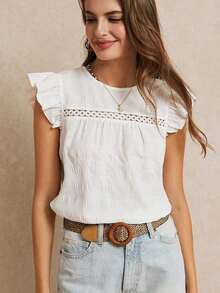 Temporada de vacaciones de verano y de bodas, excelente blusa de unicolor con ribete de volantes, verano, top lindo, elegante y romántico, estilo bohemio chic, estilo casual, esencial, verano, temporada de bodas - Blanco - Ver 7