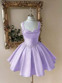 Vestido elegante, lujoso y noble de estilo palaciego con hombros abiertos, escote corazón sin tirantes, silueta de sirena, decoración de perlas falsas y bajo acampanado, adecuado para despedida de soltera, boda, graduación, vacaciones y fiesta de - Morado Violeta - Ver 1