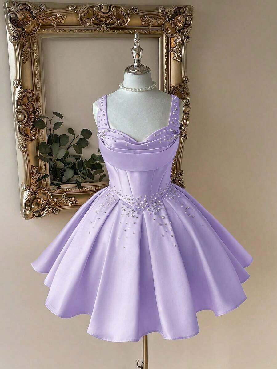 Vestido elegante, lujoso y noble de estilo palaciego con hombros abiertos, escote corazón sin tirantes, silueta de sirena, decoración de perlas falsas y bajo acampanado, adecuado para despedida de soltera, boda, graduación, vacaciones y fiesta de - Morado Violeta - Ver 1