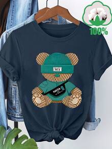 Women's Casual Short Sleeve T-Shirt With Playful Bear Print - "No" Design, Crew Neck, Lightweight And Breathable For Spring/Summer/Autumn, Ideal For Travel, Vacations And Family Outings, Travel Wear | Playful Print | Comfortable Fit, Bear T-Shirt - Dark Blue - 查看 1