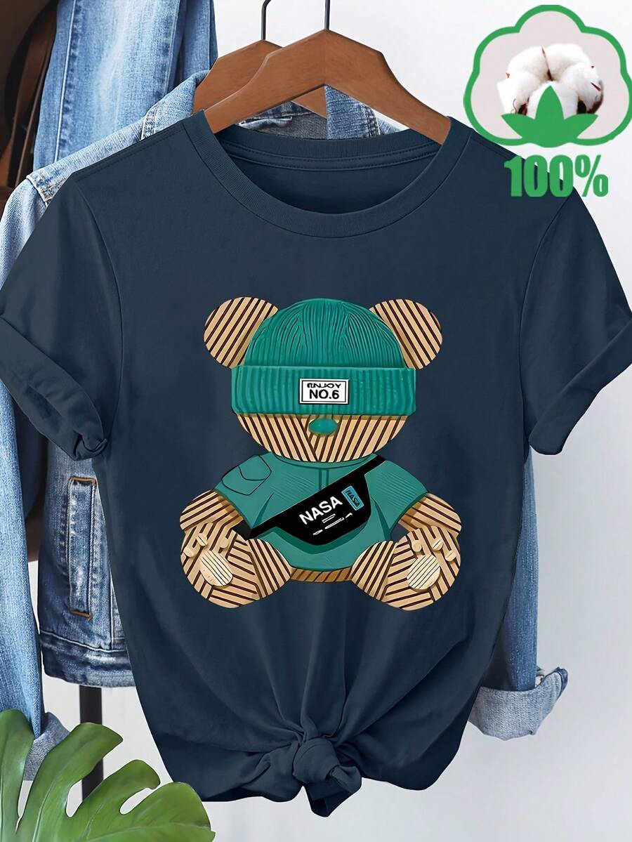 Women's Casual Short Sleeve T-Shirt With Playful Bear Print - "No" Design, Crew Neck, Lightweight And Breathable For Spring/Summer/Autumn, Ideal For Travel, Vacations And Family Outings, Travel Wear | Playful Print | Comfortable Fit, Bear T-Shirt - Dark Blue - 查看 1