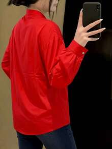 Black Long-Sleeved Shirt With A High Collar And Pleats, Elegant And Versatile Style - 紅色 - 查看 3