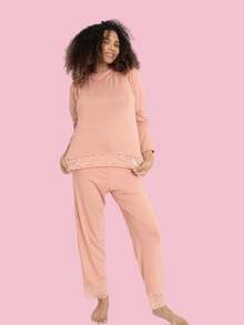 Kit 3 Pijamas Feminino Longo com Renda Delicada Elegante e Confortável - preto/branco/rosê - Visão 8