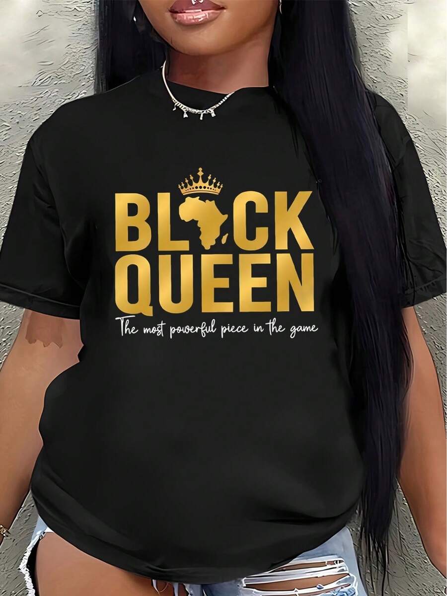 Women's "Queen" T-Shirt, Featuring A Striking Gold Print Of An African Crown, Short-Sleeved Design In Lightweight Polyester, Suitable For Casual Wear At Home Or Out, Comfortable And Durable, Available In Various Colors. Women's Blouses > Clothing - 黑色 - 查看 1