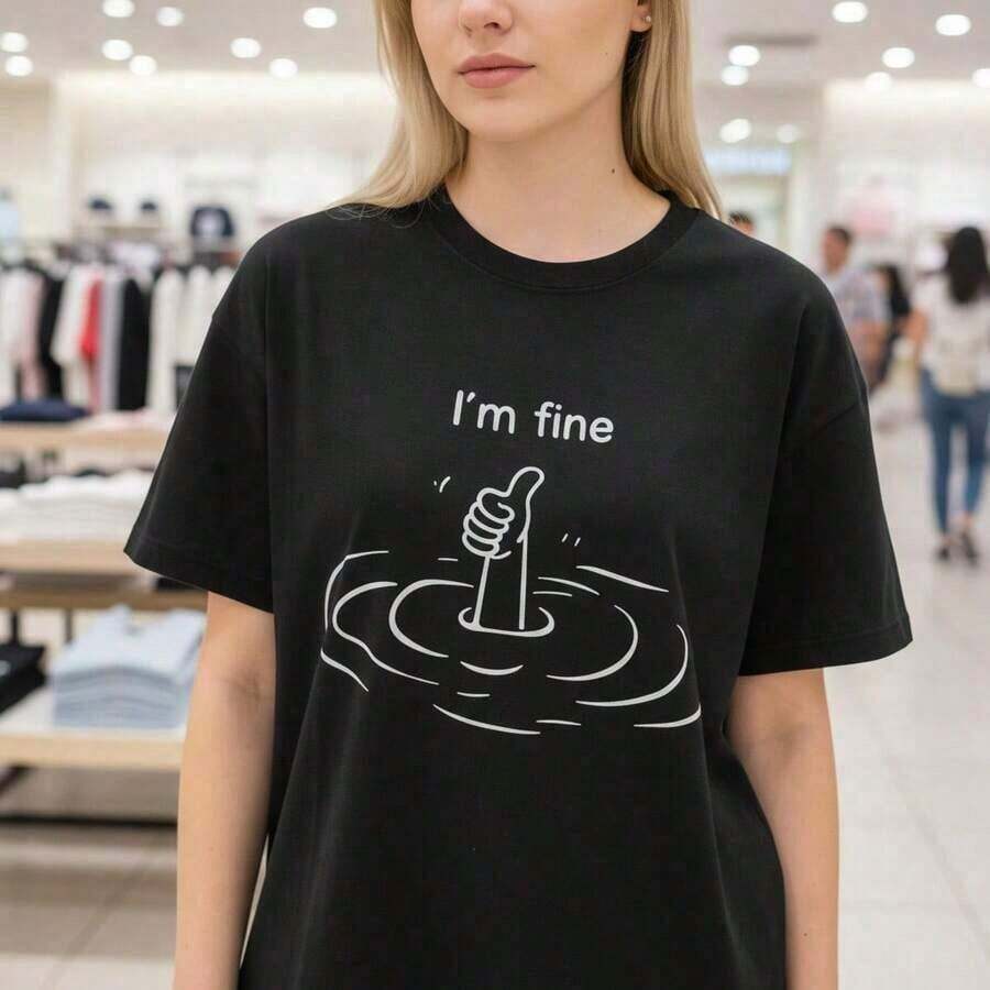 Under The Radar Women's Graphic Print Cotton T-Shirt, Thumbs Up Meme Design With "I'm Fine" Phrase, Casual Loose Fit, Short Sleeves, Crew Neck, Summer Top, Sizes S-5XL Available, White, 100% Cotton. Unisex Loose Fit Cotton Short Sleeve Crew Neck T-Shirt, Vintage Urban Style - 黑色 - 查看 1