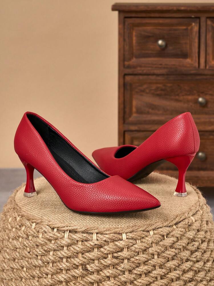 MonaNise Women's Pointed Toe Fashion 7cm Chunky High Heel Casual Party Dress Pumps, Versatile For All Seasons - Red - View 2