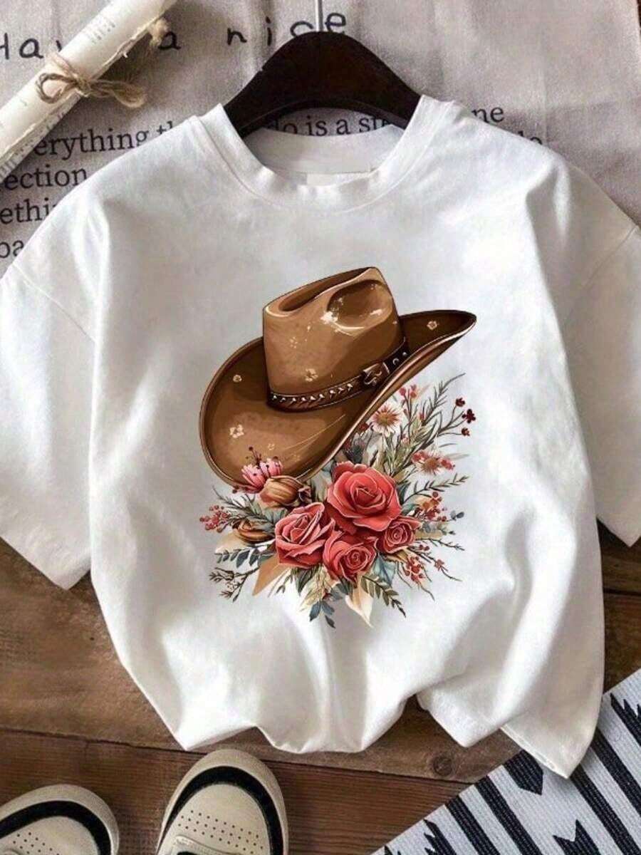 Playeras de mujer, ropa de talla grande para mujer, estampado de vaquera del oeste, diseño de sombrero de vaquero floral, estilo boho, camiseta casual de manga corta 100% algodón para mujere - Blanco - Ver 1