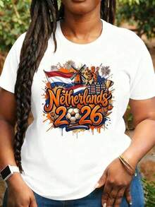 Camiseta de manga corta con cuello redondo y estampado para mujer Países  2026 Bandera de Fútbol Molino de Viento S-3XL moda, cómodo y transpirable unio lavable a máquina - Blanco - Ver 2