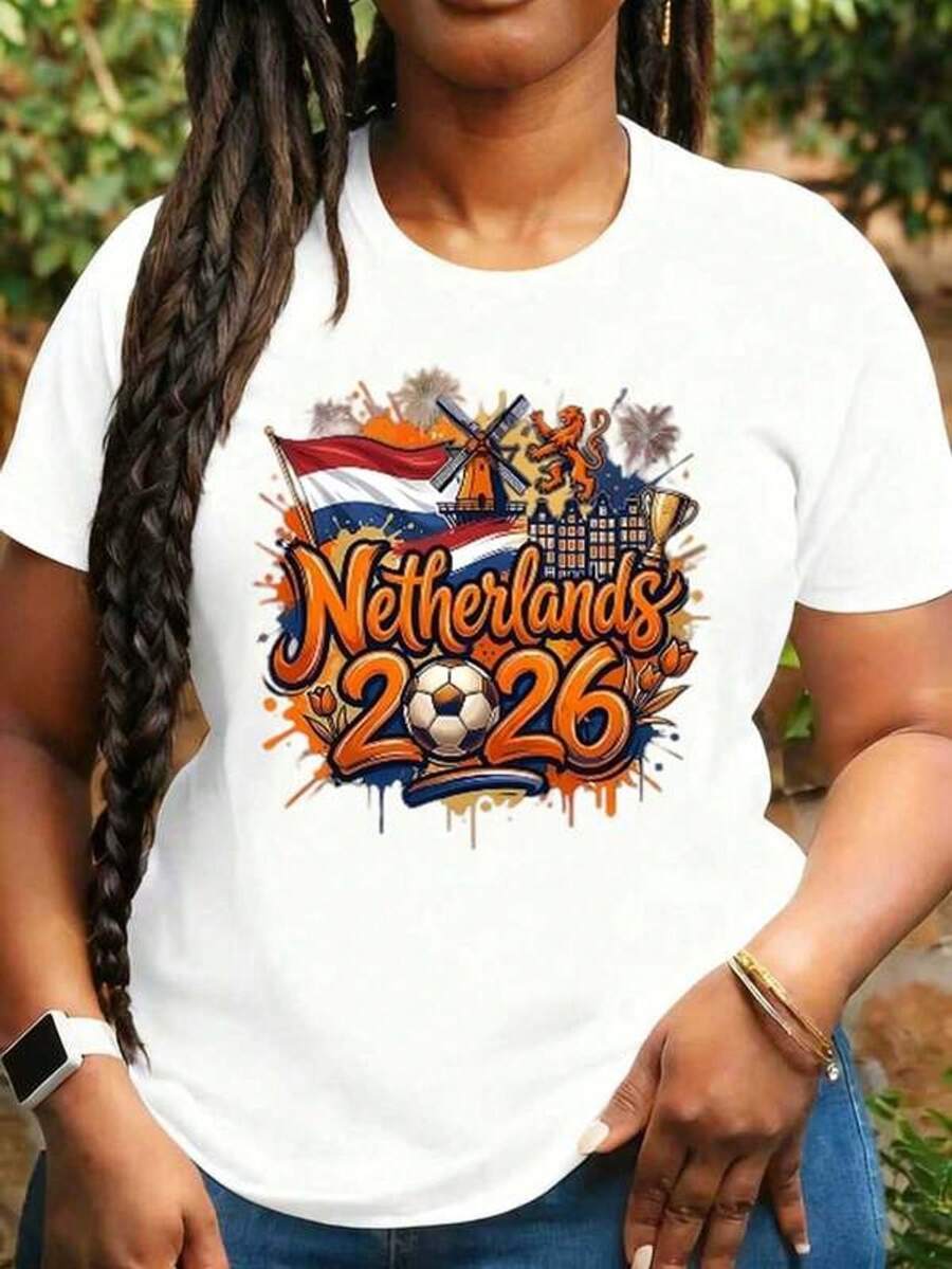 Camiseta de manga corta con cuello redondo y estampado para mujer Países  2026 Bandera de Fútbol Molino de Viento S-3XL moda, cómodo y transpirable unio lavable a máquina