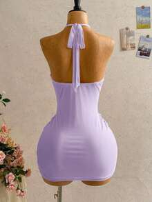 Vestido mini con estampado floral, diseño de lazo y escote halter, para vacaciones - Morado - Ver 2