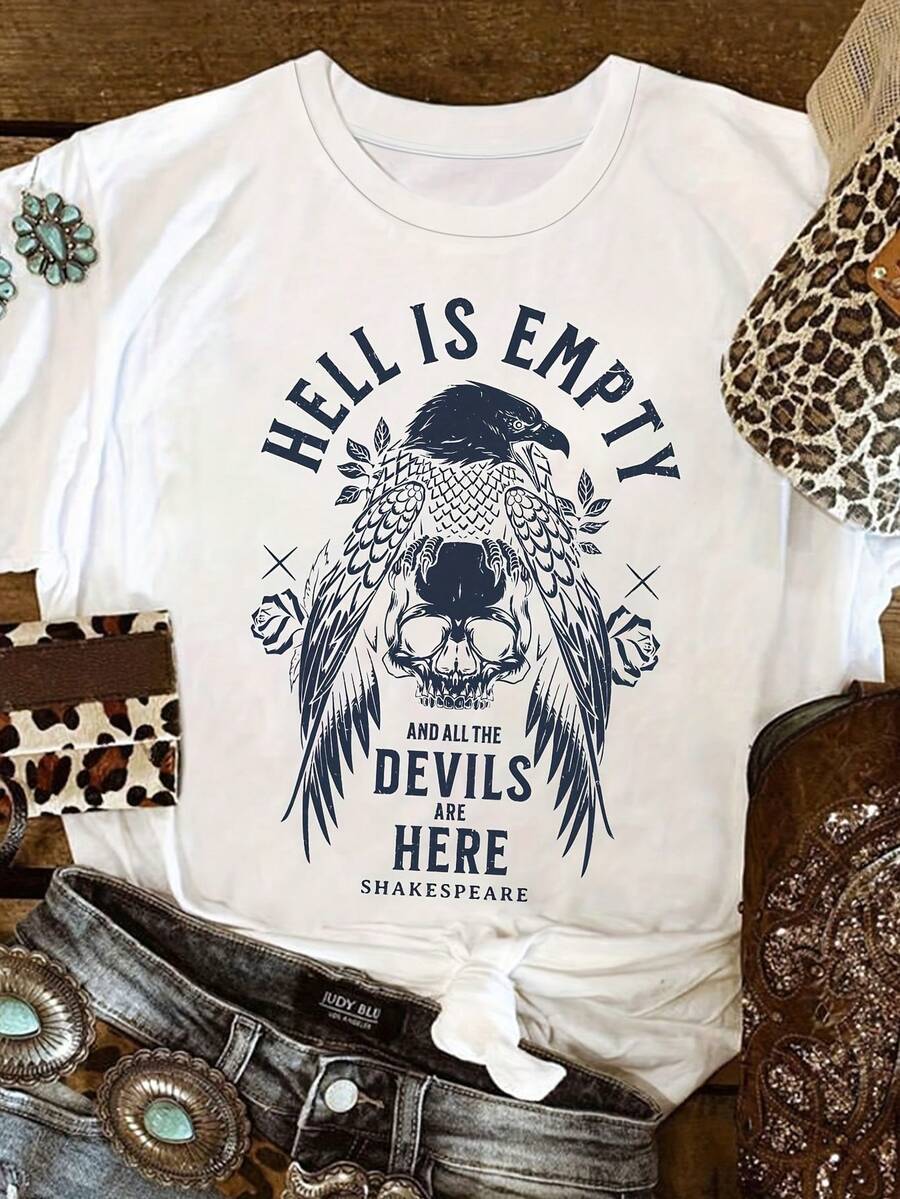 T-Shirt With The Phrase ", Hell Is Empty And All The Demons Are Here", A Must-Have Casual Garment For Summer, Easy To Create A Casual And Sweet Look, A Gift For Her, Suitable For Summer Leisure Time, Daily Commute, Casual Outings And Holidays. - 白色 - 查看 1