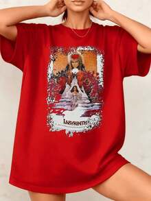 Women's T-Shirt With Labyrinth Movie Graphic Print, Goblin King, 100% Cotton, Crew Neck, Oversized Style, 1 Piece. Excellent Gifts For Friends And Family, Cool Black T-Shirt, Comfortable Fabric, Urban Style, Casual T-Shirt. - 紅色 - 查看 1