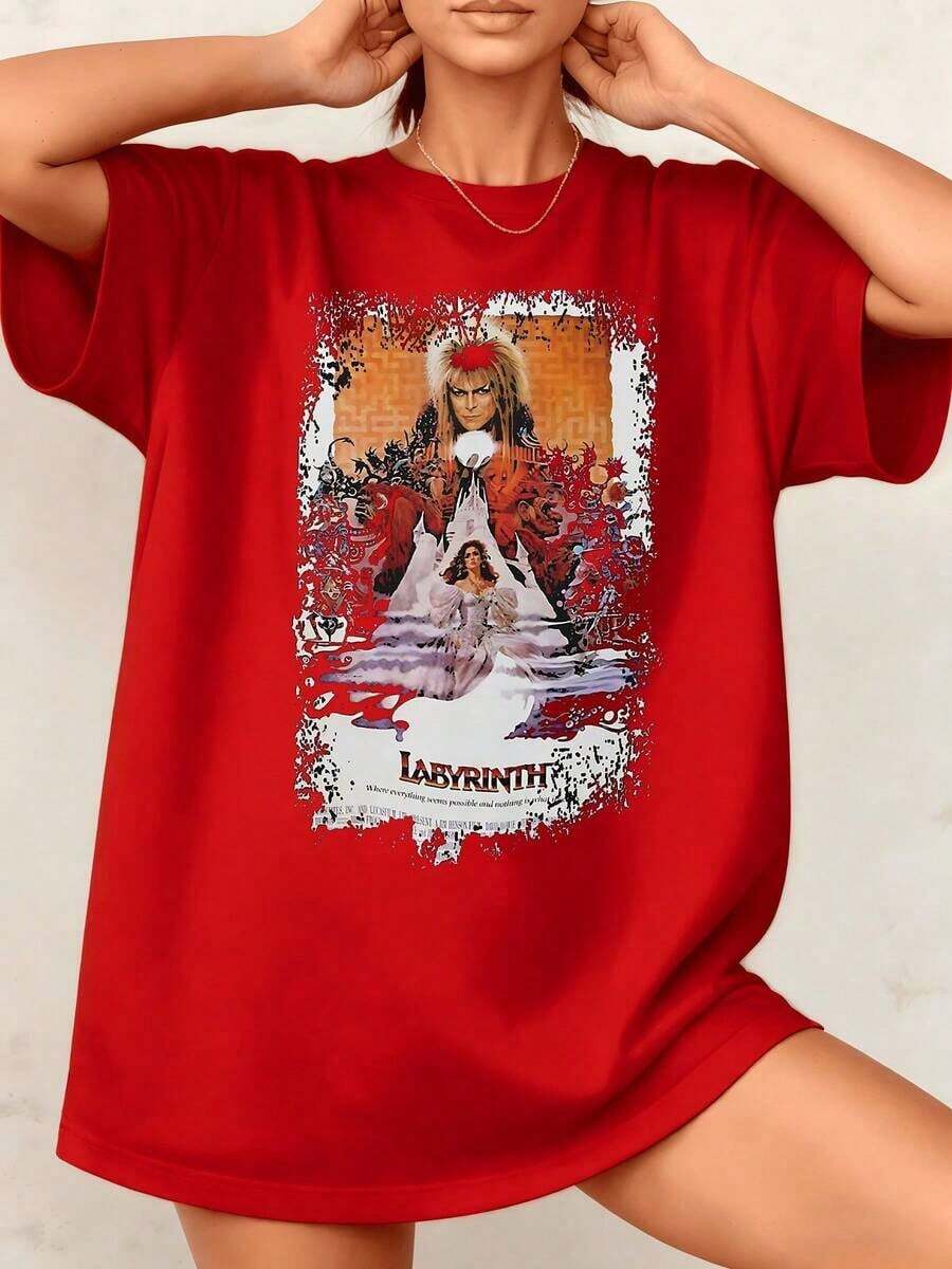 Women's T-Shirt With Labyrinth Movie Graphic Print, Goblin King, 100% Cotton, Crew Neck, Oversized Style, 1 Piece. Excellent Gifts For Friends And Family, Cool Black T-Shirt, Comfortable Fabric, Urban Style, Casual T-Shirt. - 紅色 - 查看 1
