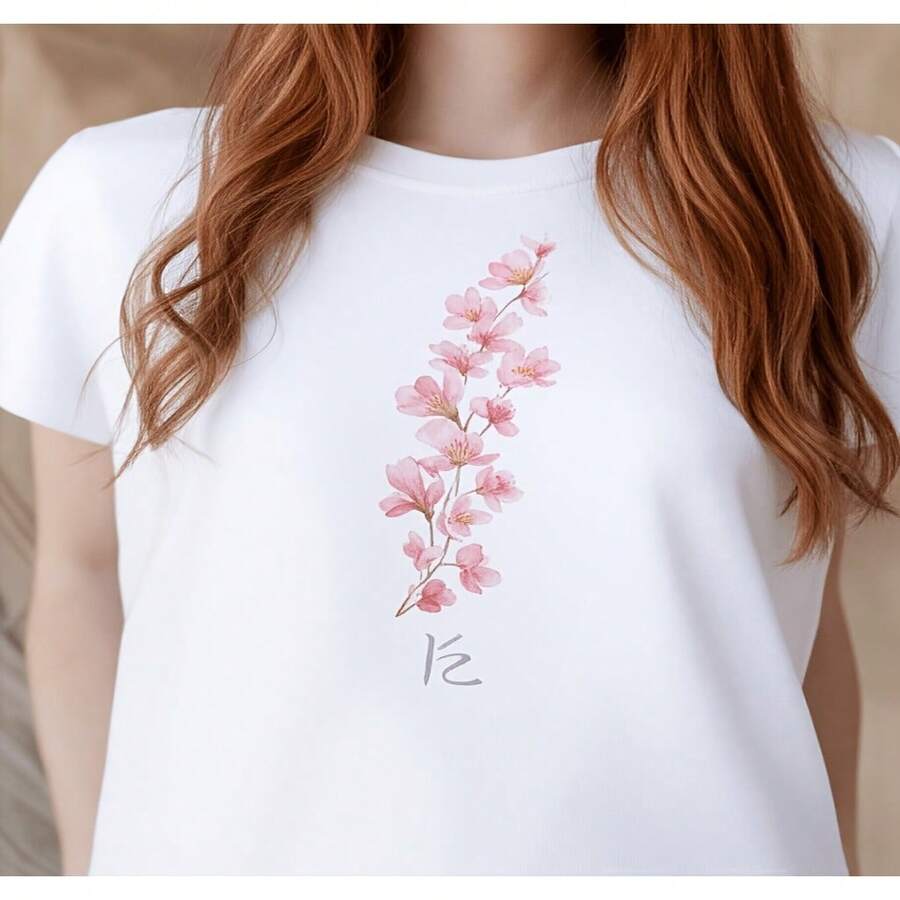 Women's White Cotton T-Shirt with Pink Floral Print, Round Neck Short Sleeve Top, Casual Elegant High Stretch Tee - Blanco - Ver 1