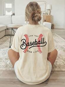 1 Piece [Double-Sided Print] Women's T-Shirt, Casual Short-Sleeved Round Neck Top, With Baseball-Style Stitching And The Print "LIVIN' THAT MOM LIFE", Machine Washable, Suitable For Casual Wear, Multi-Purpose Clothing, Fashionable And  T-Shirt, Comfortable Material, 100% Cotton For Style Enthusiasts. - 杏色 - 查看 3