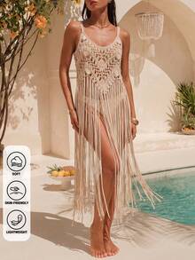 Bohemian V-Neck Tassel Sleeveless Cover Up, Suitable For Vacation And Beach - Apricot - View 2
