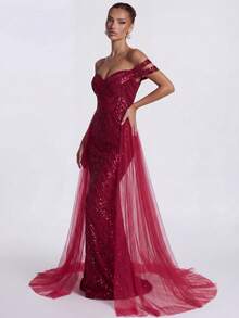LOVE&LEMONADE Wine Red Elegant Off-Shoulder Flowing Mesh Patchwork Backless Criss-Cross Tie Mermaid Long Wedding Dress - Burgundy - View 4