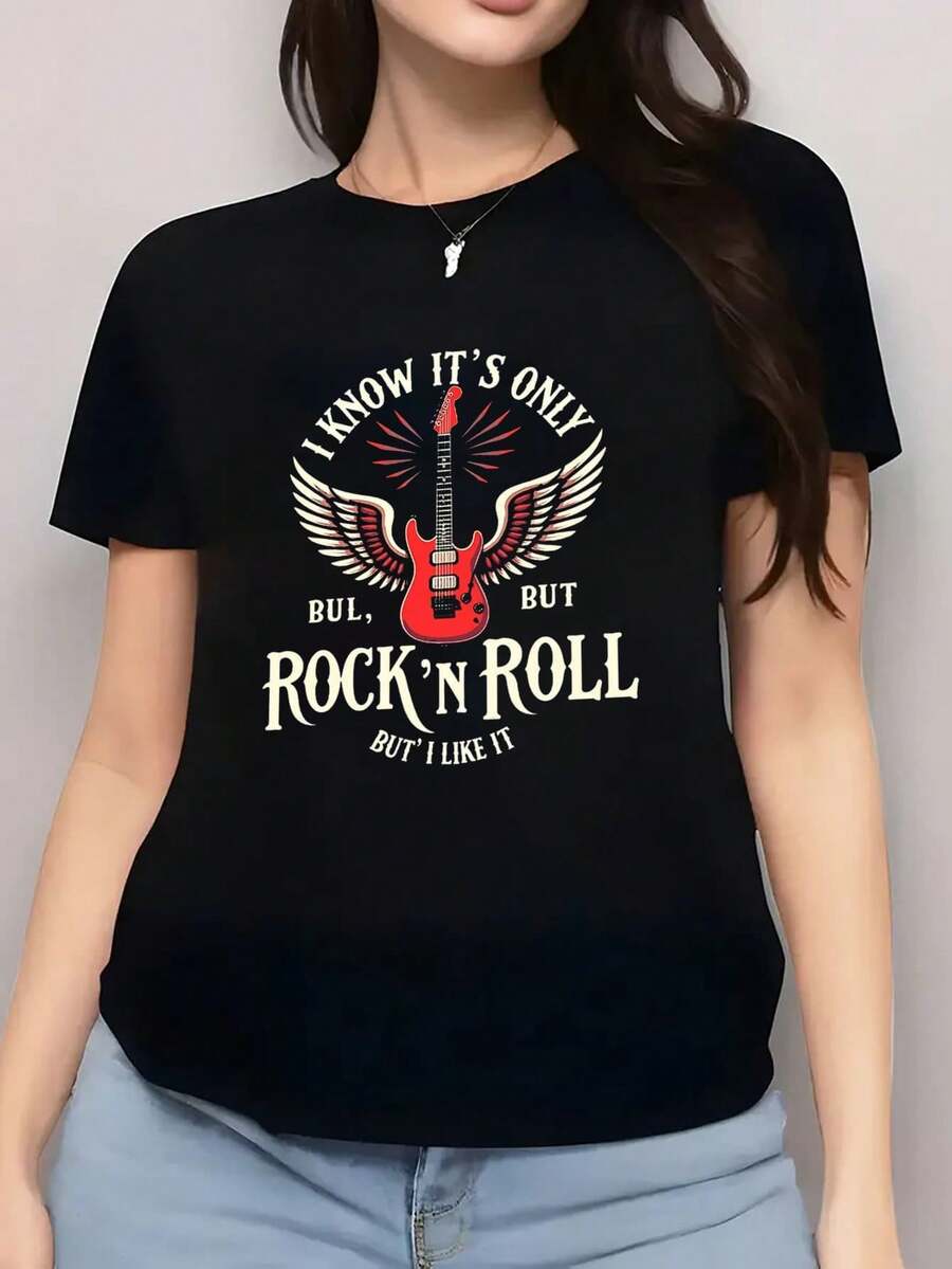 Women's T-Shirt With Guitar Rock Slogans, Black Short-Sleeved Printed T-Shirt, Conventional Version, Breathable, Soft And Comfortable Fabric, Suitable For All Four Seasons, Casual Round Neck Blouse For Everyday Wear - 黑色 - 查看 1