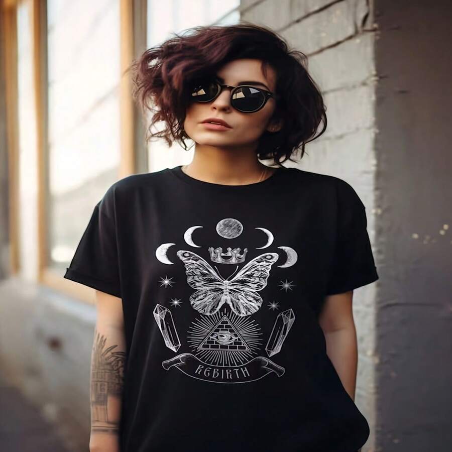 Camiseta gótica boho para mujer con estampado de mariposa, ojo y luna | Poliéster elástico, manga corta, cuello redondo, ropa casual de ocultismo y astrología, Diseño de carta natal, camiseta en blanco y negro S-XXXL - Negro - Ver 1