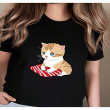 Women's T-Shirt With Cute Cat Print, Casual Style For Everyday Wear, Pet Lover, Summer Fashion, Cute 2D Blouses For Women, Casual Women's T-Shirt, Loose Fit, Slightly Stretchy S-XXXL - 黑色 - 查看 1