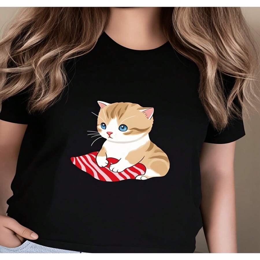 Women's T-Shirt With Cute Cat Print, Casual Style For Everyday Wear, Pet Lover, Summer Fashion, Cute 2D Blouses For Women, Casual Women's T-Shirt, Loose Fit, Slightly Stretchy S-XXXL - 黑色 - 查看 1