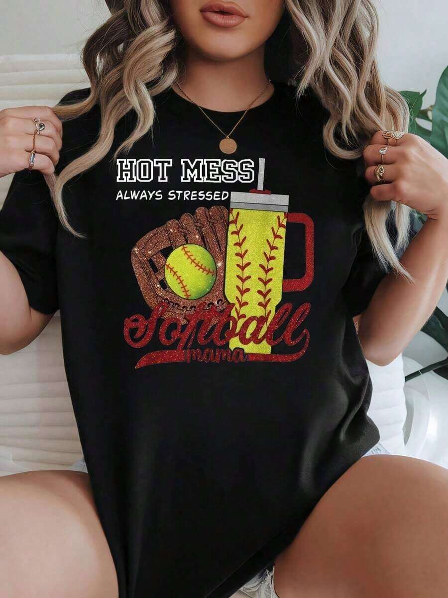 Women's T-Shirt With 'Hot Mess Stressed Softball Mama' Print, Black And White Options, Graphic Tee, Casual Everyday Wear T-Shirts, Summer Tops, Graphic Tees, Summer Sets, Women's Crop Tops, Casual Blouses For Ladies - 黑色 - 查看 1