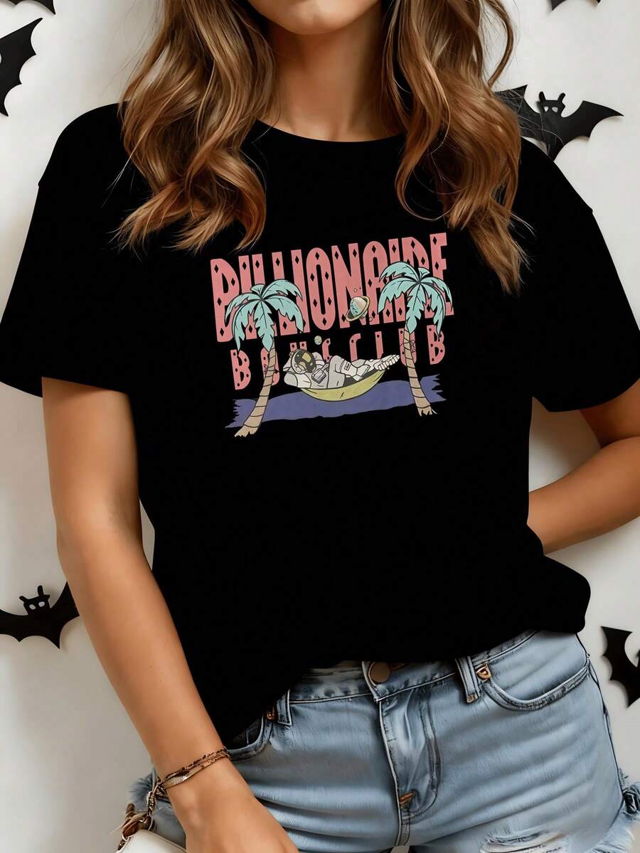 Astronaut Relaxing In A Hammock Among Palm Trees Under A Relaxed Sky Conveying A Sense Of Tropical Freedom And Cosmic Adventure. Women's Casual Modern Comfortable T-Shirt For Summer - 黑色 - 查看 1