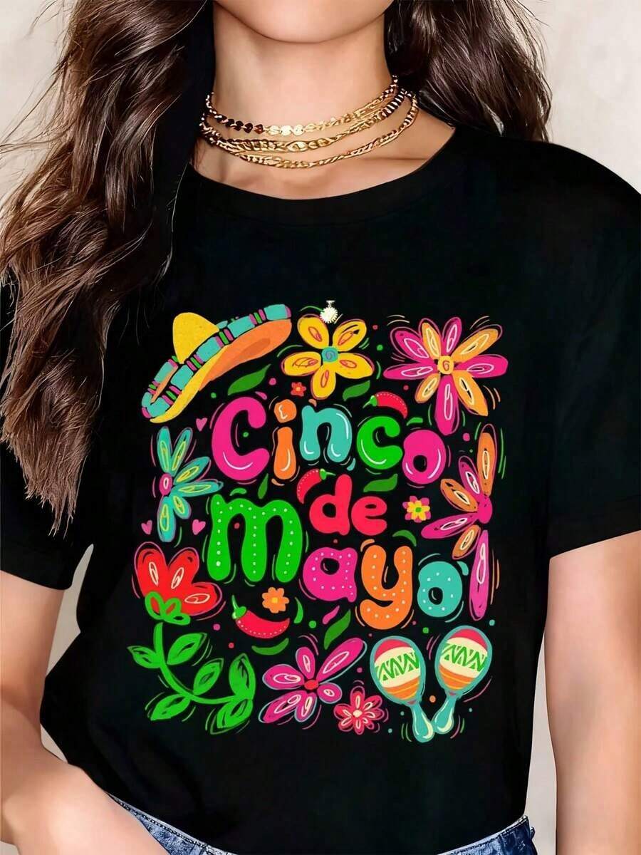 Women's Cinco De Mayo T-Shirt With Floral Print And Maraca Hat, Casual Style, Round Neck, Short Sleeve, Perfect As A Birthday Gift, Suitable For All Seasons, For Everyday Outdoor Use. - 黑色 - 查看 1