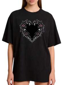 Women's Premium Gothic Floral Heart Basic Crew Neck T-Shirt, Sizes S-2XL, 100% Pure Black And White, Suitable For Family And Couple Outfits, Perfect For Spring And Summer, Ideal Gift For Mom, Mother's Day, Family Gift, Gift For Close Friends, . - 黑色 - 查看 8
