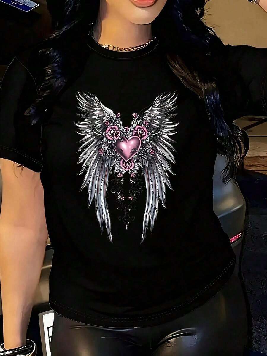 Double-Sided Black T-Shirt With Floral And Wing Print With Pink Roses, 1 Piece, Plus Size For Women, Funny Short-Sleeved Graphic Print T-Shirt, Novelty, 100% Polyester, Casual Round Neck T-Shirt, 220g, Blouses For Women, Casual Wear For Women. - 黑色 - 查看 1
