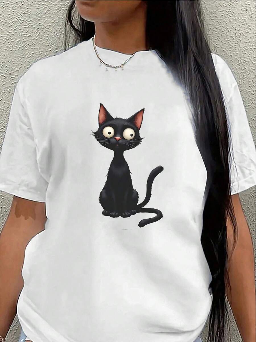 Camiseta de manga corta, ligera y duradera, con un bonito diseño de gato negro, es perfecta para el hogar, el trabajo o salidas informales en el restaurante, ofreciendo una experiencia de uso diario cómoda.blusa casual mujer - Blanco - Ver 1