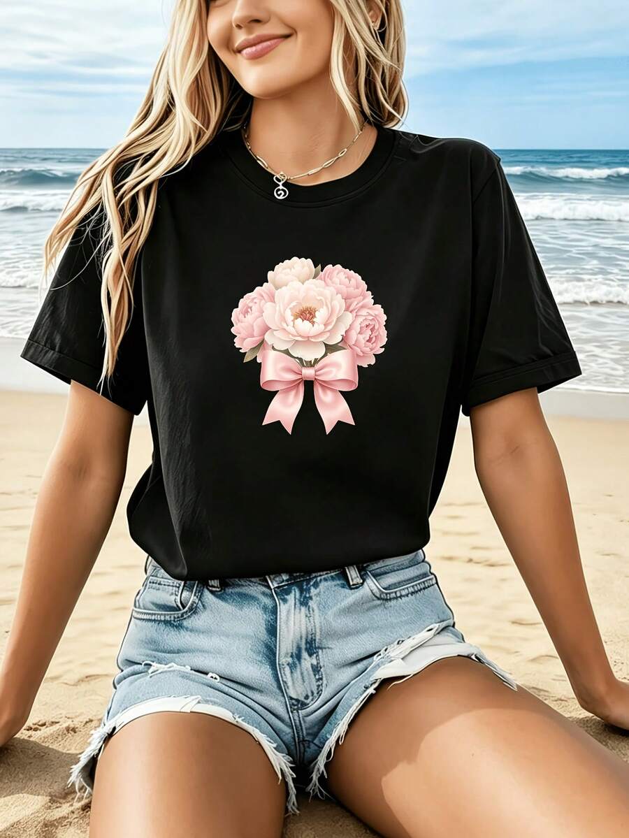 Camiseta Deportiva Casual para Mujer con Diseño de Lazo Floral Rosa - Camiseta Negra Elástica de Cuello Redondo, Lavable aáquina, Ajuste Cómodo y para Todas las Estaciones. - Negro - Ver 1
