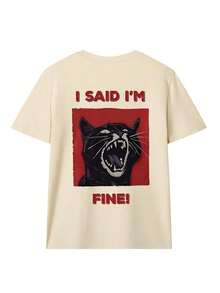 Camiseta Holgada de Mujer con Hombros Descubiertos - Estampado Divertido de Gato Enojado con la Frase "Estoy Bien", Estilo Urbano con Memes Interesantes, Top Casual de Cuello Redondo Suave y Transpirable, Ideal para Reuniones de Fin de Semana, Festivales de Música, Noches de Fiesta, para Mujeres y Adolescentes Amantes de los Gatos en Verano. - Albaricoque - Ver 2