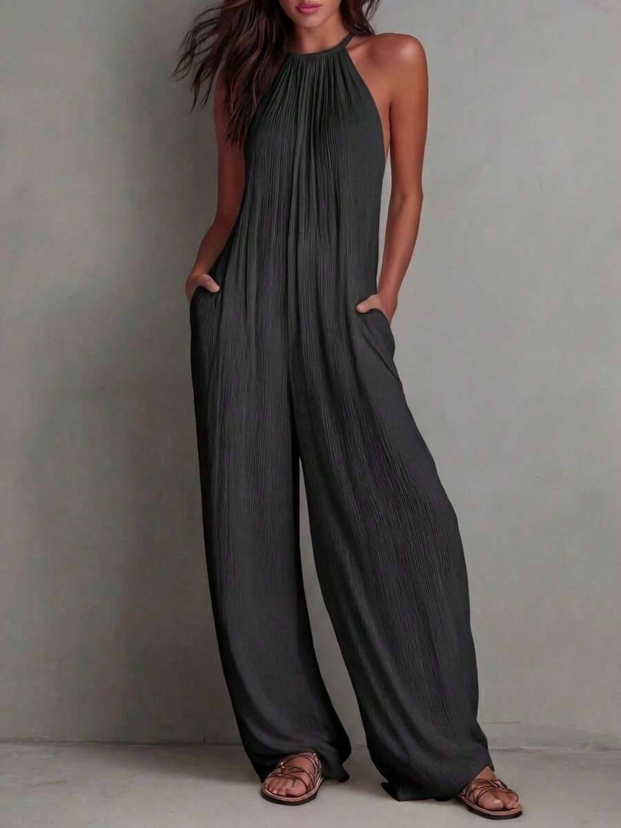White Wide-Leg Jumpsuit With Pleats And Open Back, Perfect For A Holiday Look. - 黑色 - 查看 1