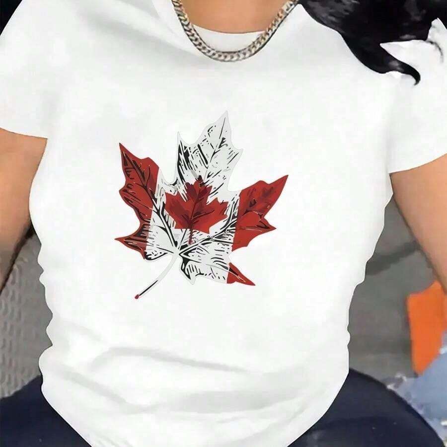Stylish Canada Maple Leaf Graphic White T-Shirt - Casual & Comfortable Summer Top For Women White CLL T-Shirts-4620 Summer Breathable Cotton Women T-Shirt - Black - View 1