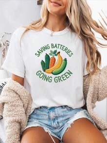 Simple And Versatile Design That Saves Battery,  And Stylish - Women's T-Shirt With Fruit And Vegetable Print, European And American Summer Style, Cool Round Neck Top, Suitable For Vegetarians, Daily Wear, Versatile, Festive Atmosphere, Casual Cotton T-Shirt For Women. - 白色 - 查看 6