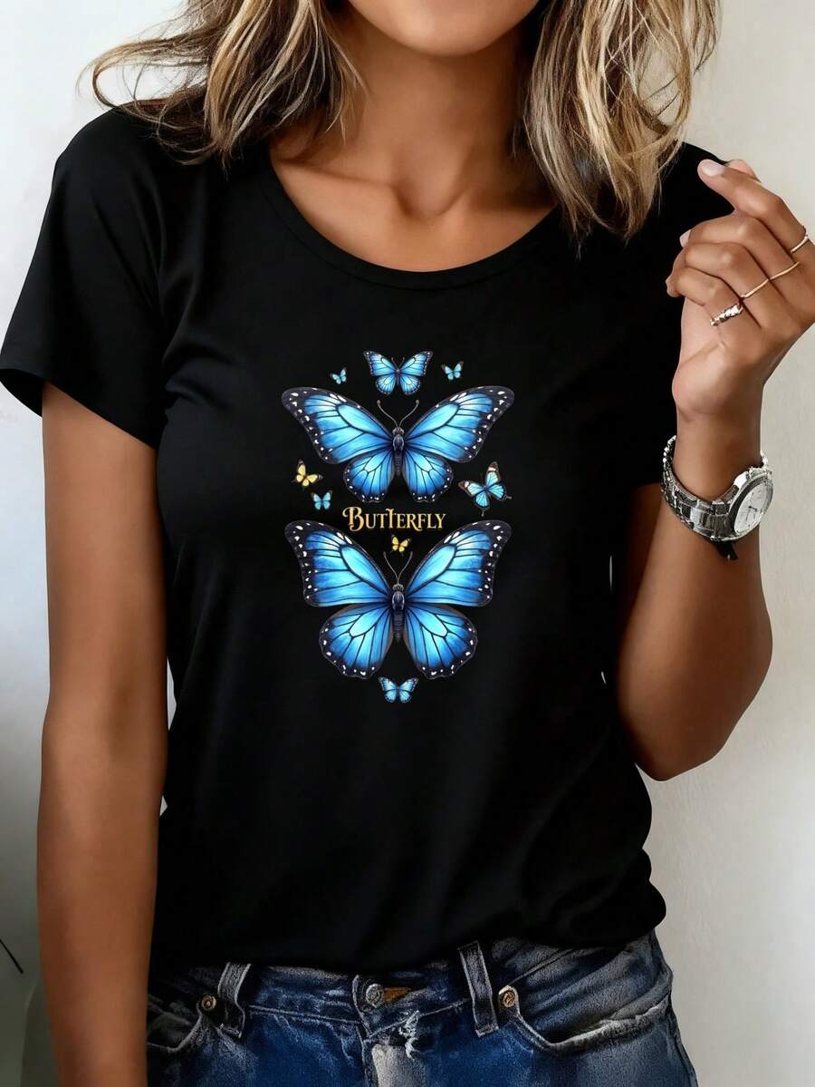 Camiseta Deportiva Casual para Mujer con Gráfico de Mariposas Azules Vibrantes y Texto - Camiseta Negra Elástica de Cuello Redondo, Lavable aáquina, Ajuste Cómodo para Todas las Estaciones. - Negro - Ver 1