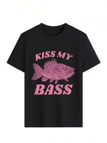 Camisetas Gráficas Estilo Vacacional para Mujer - Con Estampado de Pez Kiss My Bass - Conjuntos de Verano para Mujer - 100% Algodón - Ropa Casual de Calle - Camiseta de Manga Corta - Blusas de Moda para Mujer - Blusas de Verano - Camiseta Holgada - Atuendo Diario - Negro - Ver 2