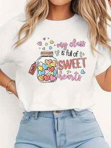 100% algodón puro, camiseta casual de primavera/verano para mujer con diseño "Mi clase está llena de dulces corazones" - Camiseta blanca con gráficos de corazones coloridos, perfecta para maestras y uso casual. |   Estampado Divertido |   Ajuste cómodo, regalos para maestros - Blanco - Ver 1