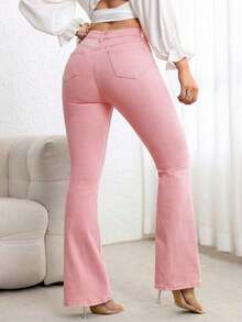 Jeans de mezclilla casual con bolsillo frontal y cierre de botones, para uso diario - Rosa - Ver 2