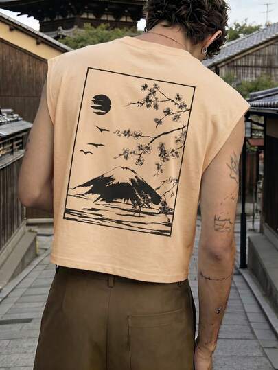  FRACTYR Men's Summer Casual Streetwear Ukiyo-E Mt. & Cherry Blossom Reversible Sleeveless Tank Top, Japanese Retro Loose Fit Graphic Round Neck Tank Top, Workout Fitness Shirt