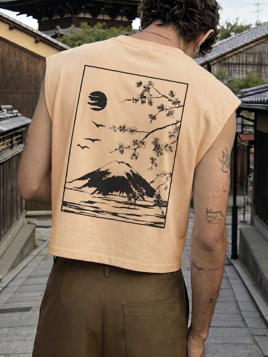 Áo tank top nam FRACTYR mùa hè phong cách đường phố thường ngày, họa tiết Ukiyo-E núi và hoa anh đào, áo tank top cổ tròn dáng rộng in hình retro Nhật Bản, áo tập thể dục. - Màu be - Xem 1