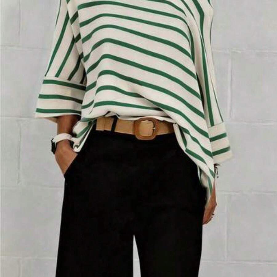 Camiseta casual holgada de mujer con mangas de murciélago asimétricas y hombros a rayas, verano negro primavera - Verde - Ver 1