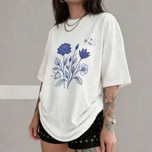 1 pieza - Camiseta de algodón blanca con estampado floral, cuello redondo, manga corta, ropa casual de verano, 180g, 100% algodón. - Negro - Ver 9