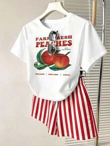 New Summer Collection, Women's T-Shirt And Shorts Set, Cool And Comfortable Summer Outfit, Sweet Strawberry Print, Classic Striped Print, Graphic Design, Everyday Casual Wear, Casual Outfit - 白色 - 查看 1
