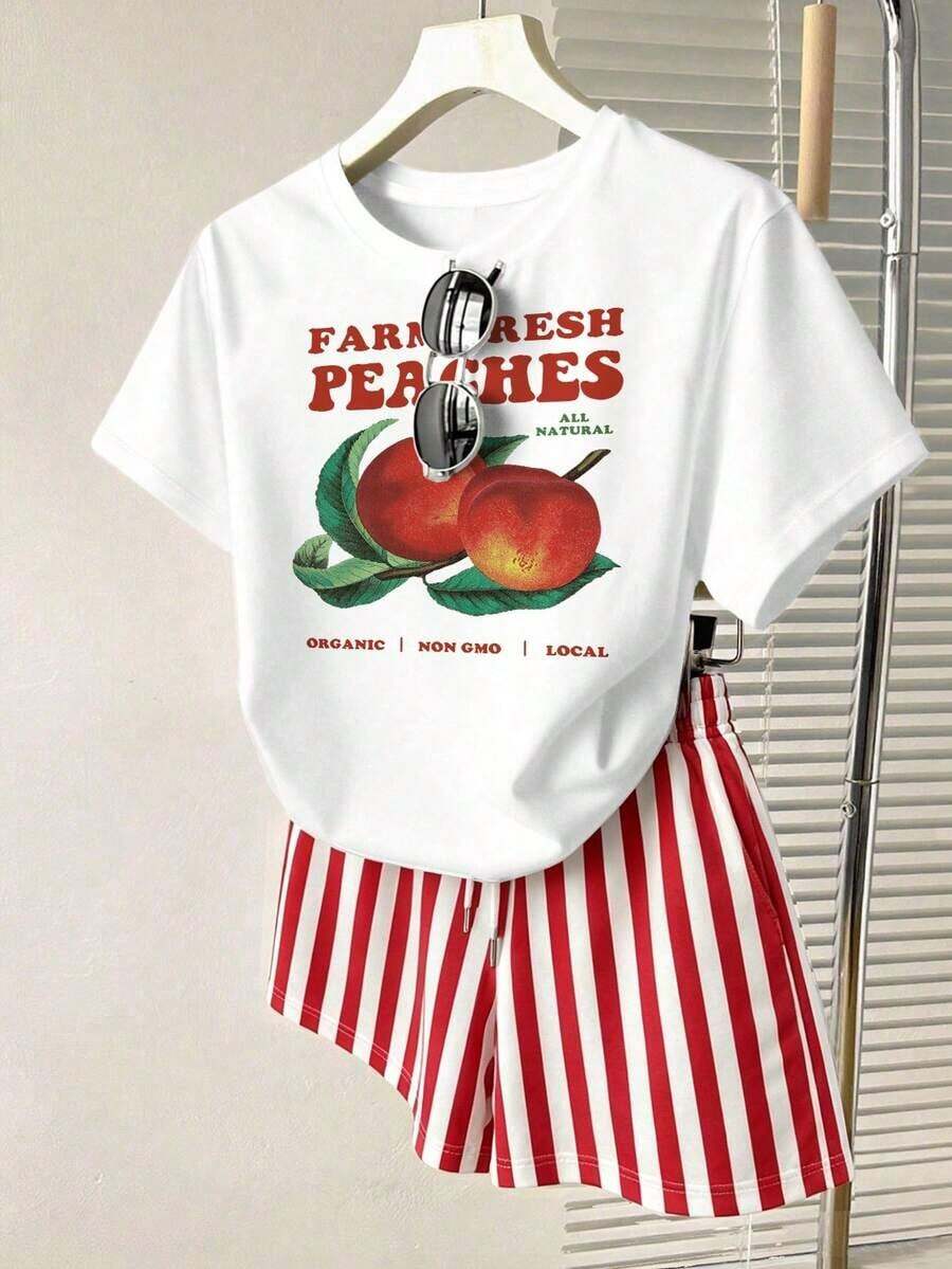 New Summer Collection, Women's T-Shirt And Shorts Set, Cool And Comfortable Summer Outfit, Sweet Strawberry Print, Classic Striped Print, Graphic Design, Everyday Casual Wear, Casual Outfit - 白色 - 查看 1